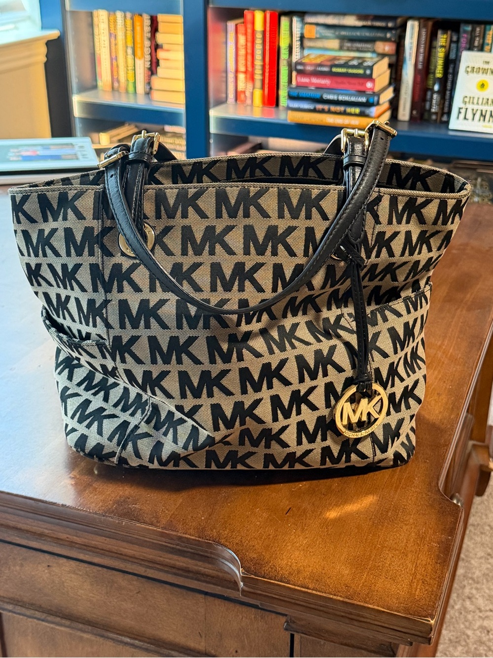 Michael Kors Beige and Black Logo Tote with Gold Charm